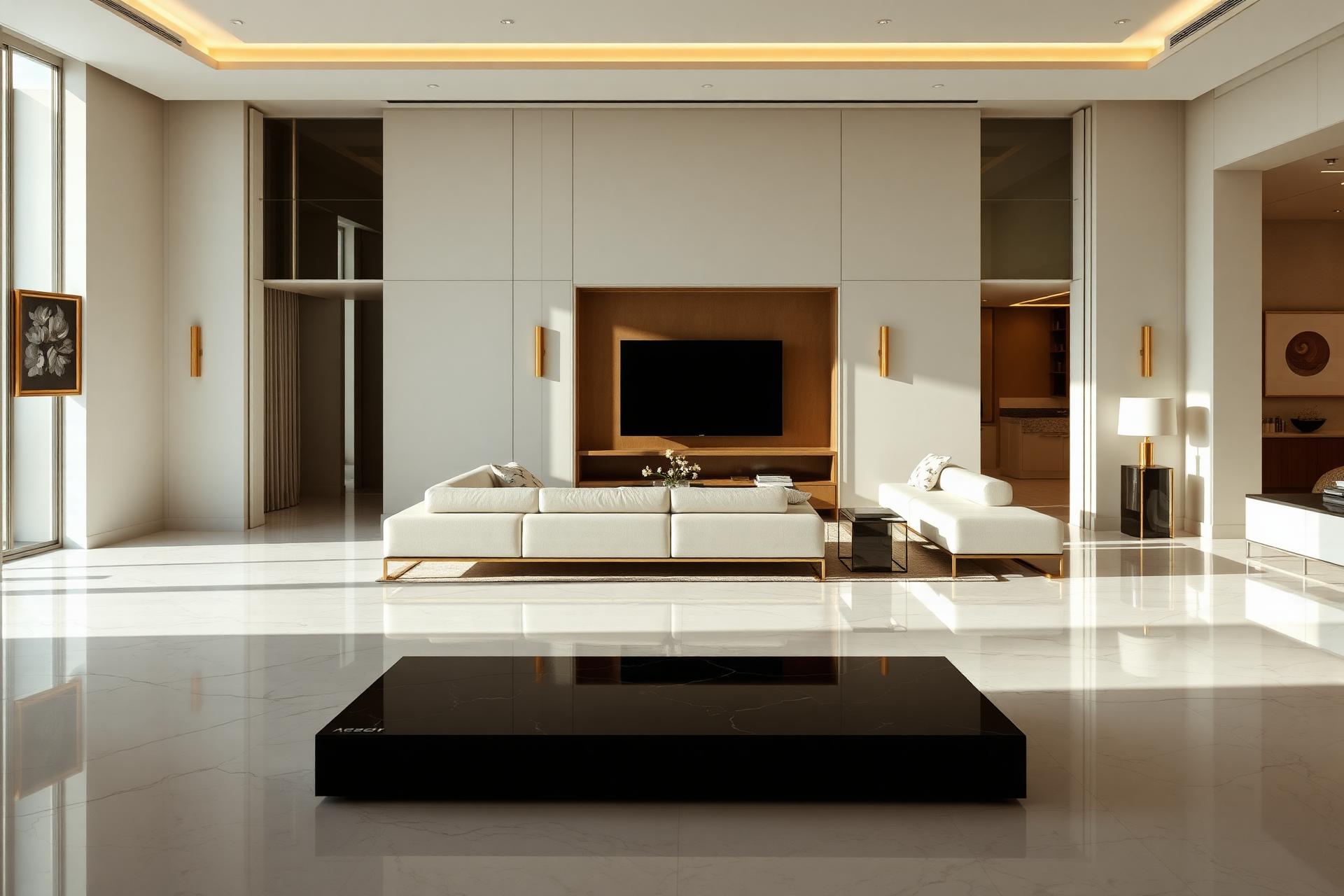 Immaculate luxury living room with marble floors